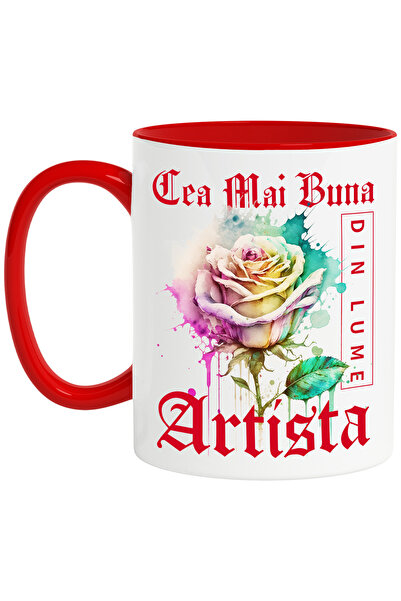 StoryGift Romania Cana Cu Textul Cea Mai Buna Artista, Din Lume, Floare, Trandafir Colorat, Waterc, Cu Maner Rosu