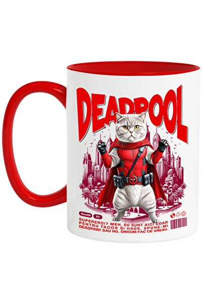 StoryGift Romania Cana cu Scottish Fold Pisica In Costum de DeadPool cu Pelerina, Erou Nocturn, De, Cu Maner Rosu