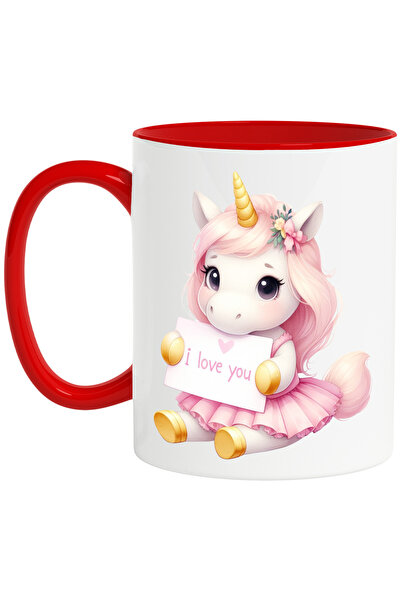 StoryGift Romania Cana cu un unicorn care tine o foaie cu mesajul "I love you...