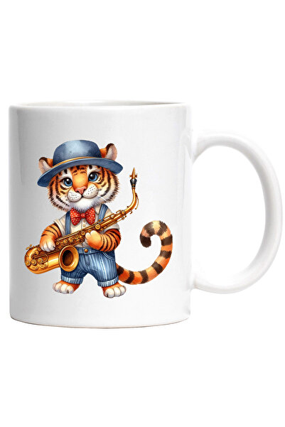 StoryGift Romania Cana cu un pui de tigru vesel care tine un saxofon | ilustr...