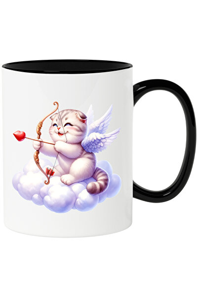 StoryGift Romania Cana cu o pisicuta vesela si grasuta | ilustratie | trage cu arcul | Cupidon | s, Cu Maner Negru