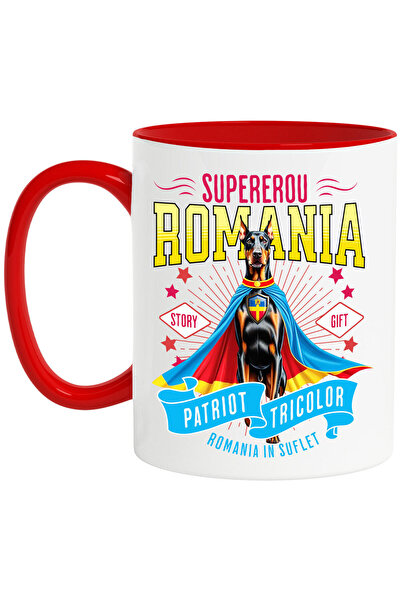 StoryGift Romania Mug with Doberman Pinscher Dog in Captain Romania Costume with Cape, Hero N, with Red Handle