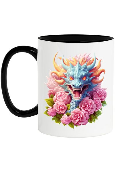 StoryGift Romania Cana cu un dragon agresiv, ilustratie, ochi in flacari, floricele, roz, an chine, Cu Maner Negru