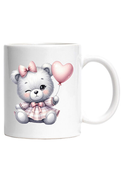 StoryGift Romania Cana cu o ursoaica in rochita | ilustratie | tine un balon in forma de inimioara, Cu Maner Alb