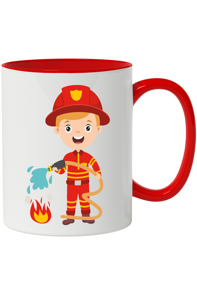 StoryGift Romania Cana Cu Pompier, Foc, Flacara, Apa, Furtun, Casca, Multicolor 330 ml, Ceramica c, Cu Maner Rosu