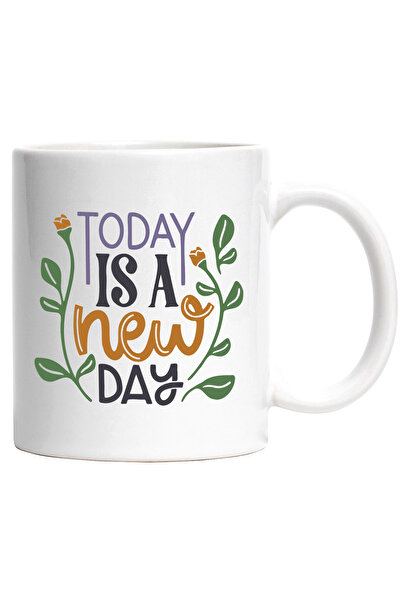 StoryGift Romania Cana Cu Text in Engleza Today is a New Day, Happy, Citat Motivationale,Ceramica,, Cu Maner Alb