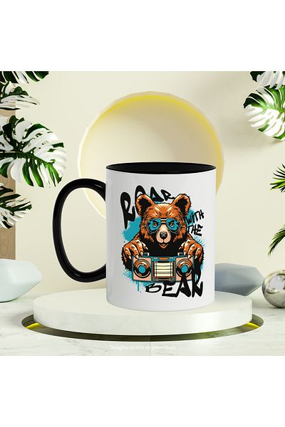 StoryGift Romania Mug With Message In English Roar With The Bear, bear, cassette player, music, multicolor, with black handle