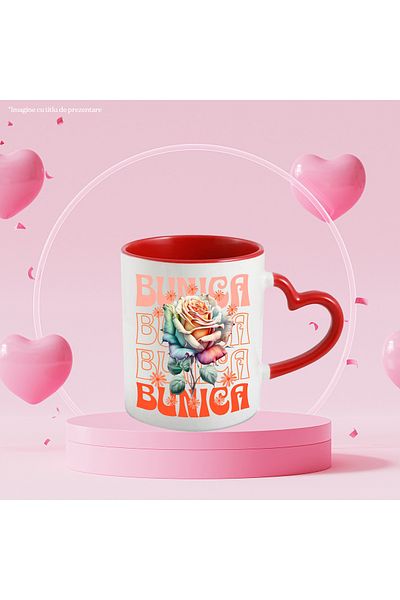 StoryGift Romania Grandma Mug - Rose Flower, 330ml, Ceramic with Red Heart Handle, With Heart Handle, STG