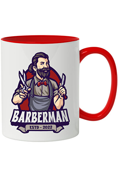 StoryGift Romania Cana Cu Mesaj Barberman, Barbier, Lama De Ras, Emblema, Foarfeca, Multicolor 330, Cu Maner Rosu