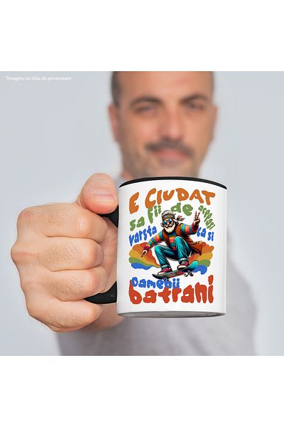 StoryGift Romania Mug Cool old Grandpa on skateboard street style, 330ml, Ceramic with Handle Ne, With