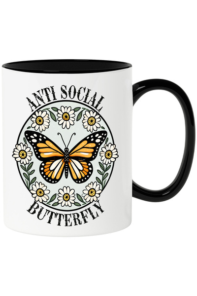 StoryGift Romania Cana cu fluture cu aripi portocalii si cu flori albe cu mes...