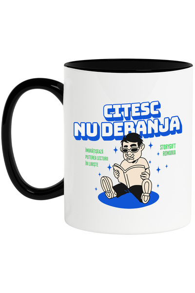 StoryGift Romania Cana om cu scoci la gura citesc nu deranja iubitorii de lectura si carti, 330ml,, Cu Maner Negru