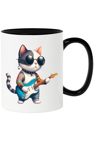 StoryGift Romania Cana cu o pisica tatuata care canta la chitara | ilustratie | rock | metal | och, Cu Maner Negru