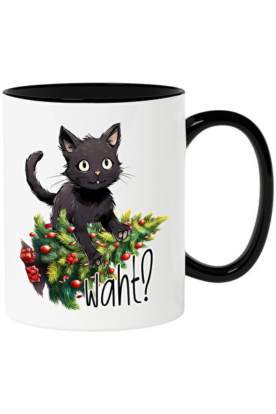 StoryGift Romania Cana cu mesajul "What?", pisoi negru care distruge bradul i...