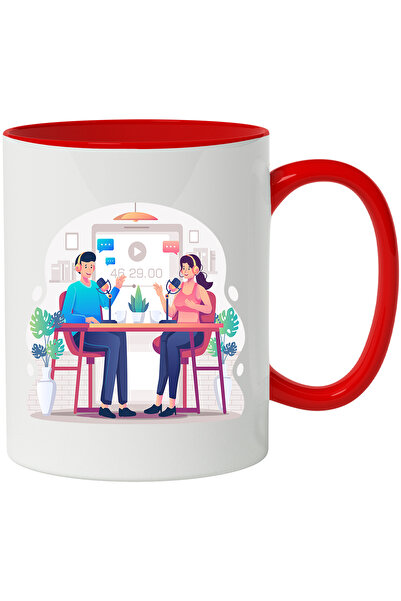 StoryGift Romania Cana Cu Podcast, Casti, Microfon, Media, Masa, Multicolor 330 ml, Ceramica cu Ma, Cu Maner Rosu