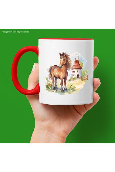 StoryGift Romania Mug with a cheerful horse | illustration | joy | barn | fence | grass | nature | v, With ,STG