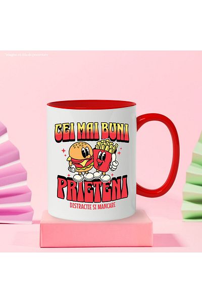 StoryGift Romania Cana cu Hamburger Si Cartofi Prajiti Cuplu Perfect Text Cei mai Buni Prieteni Di, Cu Maner Rosu