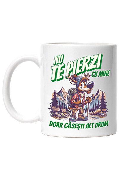 StoryGift Romania Cana cu Ren Calator Printre Munti Cu Rucsac Text Nu Te Pierzi Cu Mine Doar Gases, Cu Maner Alb