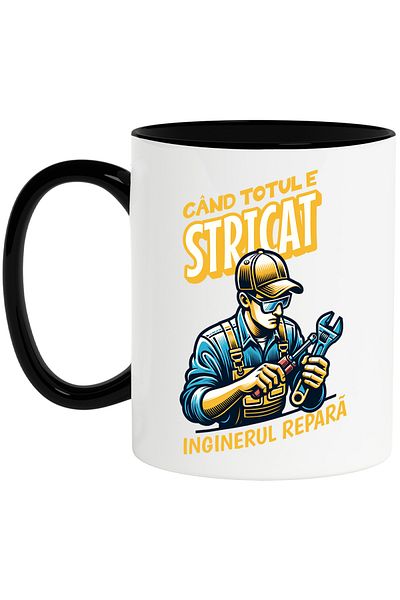 StoryGift Romania Cana Barbat cu Casca De Protectie Cand totul e stricat, inginerul repara, 330ml,, Cu Maner Negru