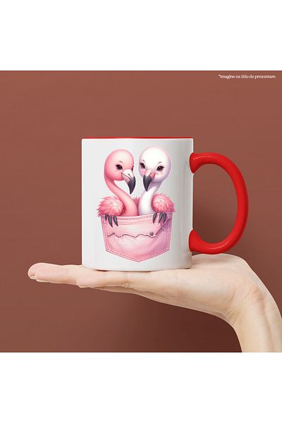StoryGift Romania Cana Cu 2 Pasari Flamingo Care Stau Intr-un Buzunar, Ilustratie, Inghesuite, Apr, Cu ,stg