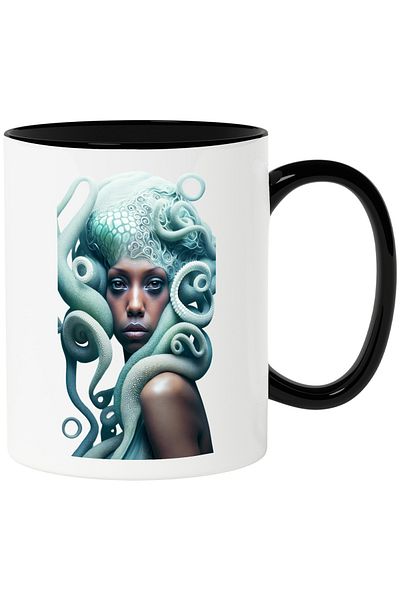 StoryGift Romania Cana cu Portret Femeie Medusa, Femeie de Culoare, Serpi Albastri, Mitologie, Med, Cu Maner Negru
