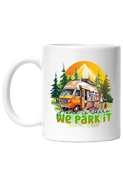 StoryGift Romania Cana cu mesajul "Home is where we park it", calatorie, ilustratie, natura, casa , Cu Maner Alb