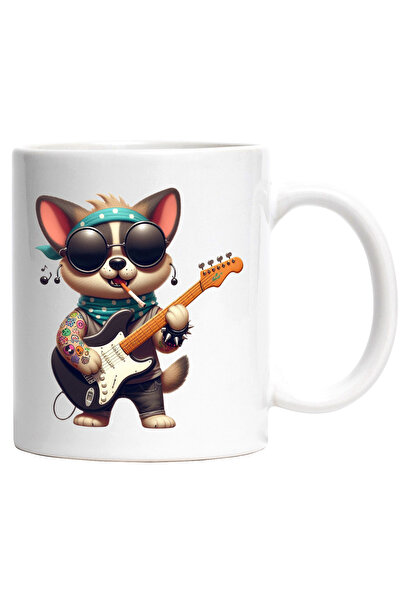 StoryGift Romania Cana cu un catel rocker care canta la chitara | ochelari negri | ilustratie | ti, Cu Maner Alb