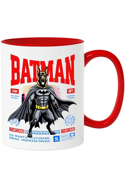 StoryGift Romania Cana cu Ciobănesc German / German Shepherd Caine In Costum de BatMan cu Pelerina, Cu Maner Rosu