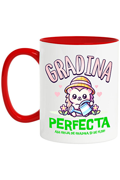 StoryGift Romania Cana cu Arici Cu Palarie Roz Stropitoare Flori Colorate Text Gradina Perfecta Am, Cu Maner Rosu