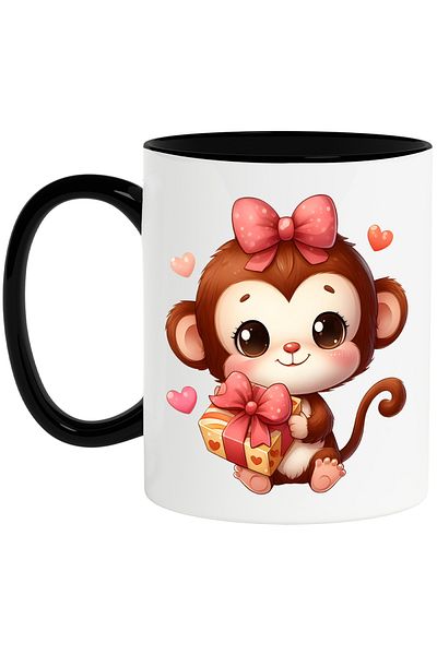 StoryGift Romania Cana cu o maimutica dragalasa | ilustratie | funda | inimioare | tine un cadou i, Cu Maner Negru