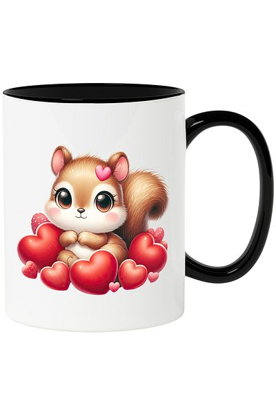 StoryGift Romania Cana cu o veverita vesela | ilustratie | multe inimioare | fericire | afectiune , Cu Maner Negru