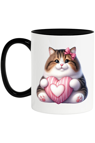 StoryGift Romania Cana cu o pisicuta plinuta care tine o inimioara in brate | ilustratie | vesela , Cu Maner Negru