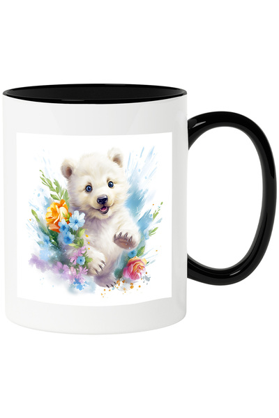 StoryGift Romania Cana cu un urs polar care alearga | ilustratie | jucaus | flori | plante | natur, Cu Maner Negru