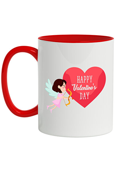 StoryGift Romania Cana Cu Mesaj In Engleza Happy Valentine's Day, Cupion, Arc, Inima, Multicolor 3, Cu Maner Rosu
