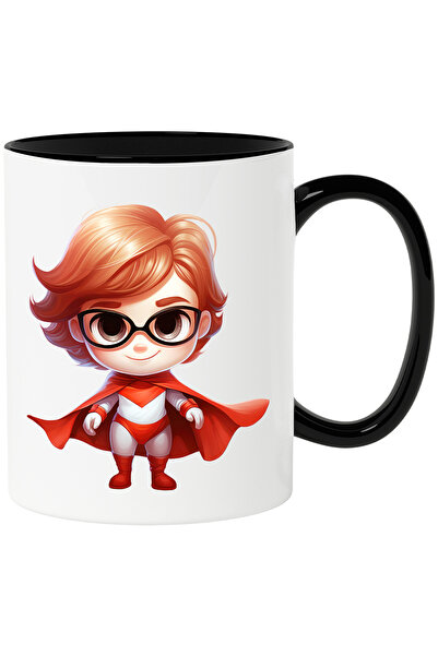 StoryGift Romania Cana cu un baiat cu ochelari in costum de erou | ilustratie | film | desen | inv, Cu Maner Negru