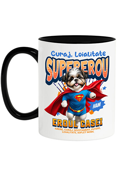 StoryGift Romania Cana cu Shih Tzu Caine In Costum de SuperMan cu Pelerina, Erou Nocturn, Desene a, Cu Maner Negru