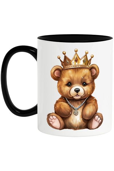 StoryGift Romania Cana cu un ursulet cu o coroana regala | ilustratie | lantisor din pietre pretio, Cu Maner Negru