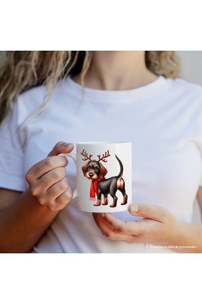 StoryGift Romania Mug with a dog wearing reindeer antlers | illustration | scarf | cold | i, With White Handle