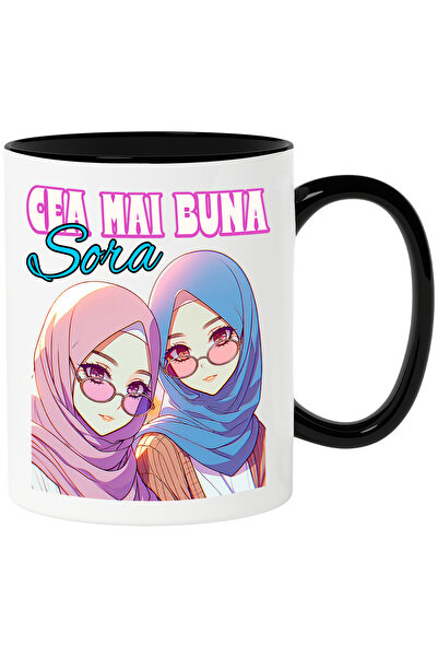 StoryGift Romania Cana Doua Fete Tinere Text Cea Mai Buna Sora, 330ml, Ceramica cu Maner Negru, Cu Maner Negru