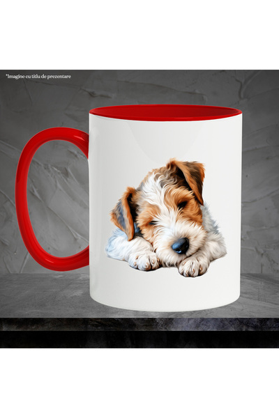 StoryGift Romania Mug with a tired furry puppy | illustration | almost asleep | out of energy, With,STG.
