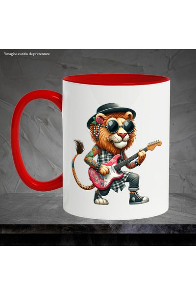 StoryGift Romania Cadou cu un leu tatuat care canta la chitara | rocker | metal | palarie | ochela, Cu Maner Rosu