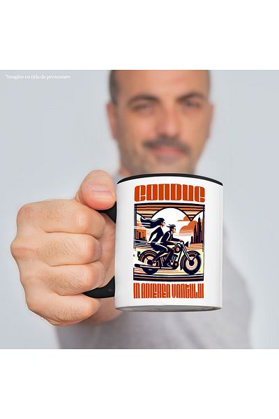 StoryGift Romania Couple On Motorcycle Mug Text I drive in the breeze, 330ml, Ceramic with Ma, Cu, STG.
