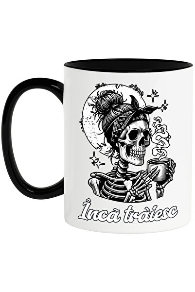 StoryGift Romania Cana femeie schelete text Cafea. Încã traiesc, 330ml, Ceramica cu Maner Negru, Cu Maner Negru