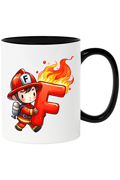 StoryGift Romania Cana cu un pompier care tine litera "F" in flacari | scoala...