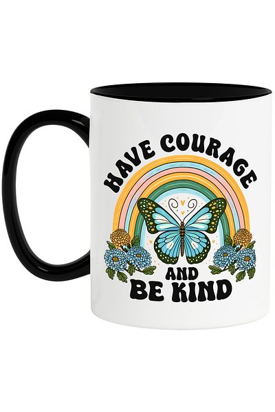 StoryGift Romania Cana cu mesajul "Have courage and be kind", ilustratie, motivational, fluture, f, Cu Maner Negru