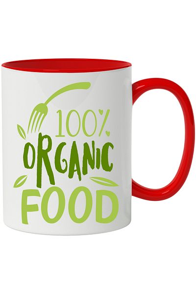 StoryGift Romania Cana Cu Mesaj In Engleza 100% Organic Food, Frunze, Furculita, Mancare, Multicol, Cu Maner Rosu