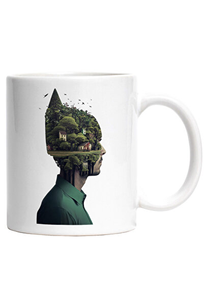 StoryGift Romania Cana cu Portret Barbat din Lateral si Peisaj, Case, Copaci,...