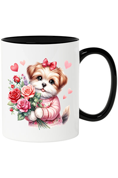 StoryGift Romania Cana cu o catelusa care tine un buchet cu trandafiri | flor...