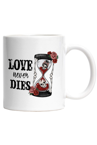StoryGift Romania Cana cu mesajul "Love never dies", clepsidra, cranii, trand...