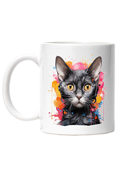 StoryGift Romania Cana Cu Pisica, Casti, Vopsea, Watercolor, Animal De Companie, Multicolor 330 ml, Cu Maner Alb